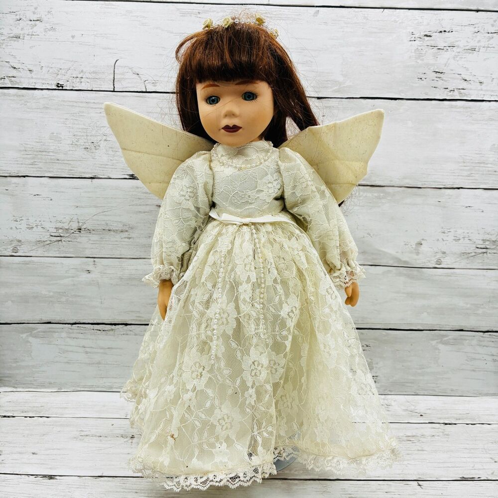 Vintage Porcelain Angel Doll Red Hair Blue Eyes Lace Dress Wings Floral Headband